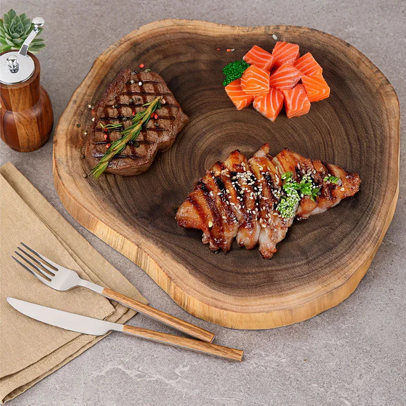 Natural Solid Wood Serving Tray with Unique Grain Handmade Irregular Wooden Steak Plate Cutting Board Restaurant Kitchen Tools