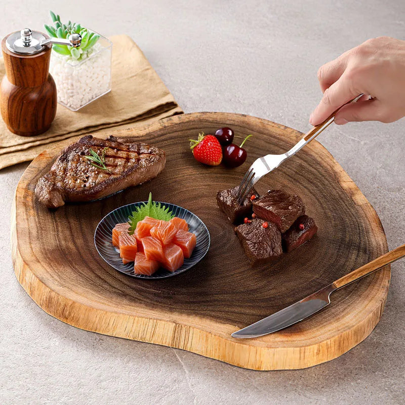 Natural Solid Wood Serving Tray with Unique Grain Handmade Irregular Wooden Steak Plate Cutting Board Restaurant Kitchen Tools